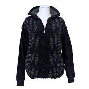 Retro Grandpa Sweater Cardigan Zip Up Velour Collared Navy Blue Size L Mens